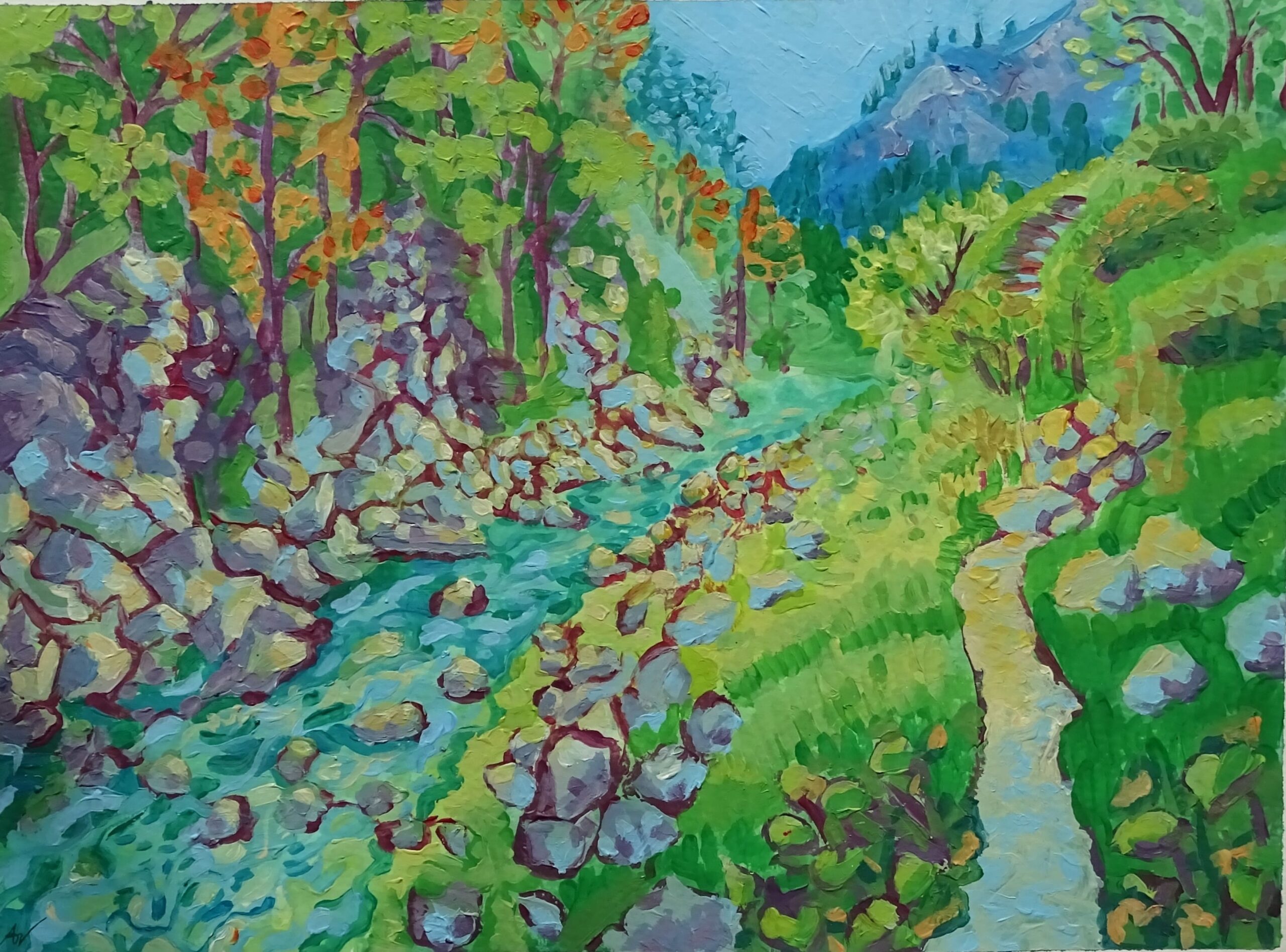 Kleine version der Ötschergräben: Acrylbild einer Gebirgslandschaft, links ein Bach, rechts ein Wanderweg, im Hintergrund Berghänge und ein Stausee