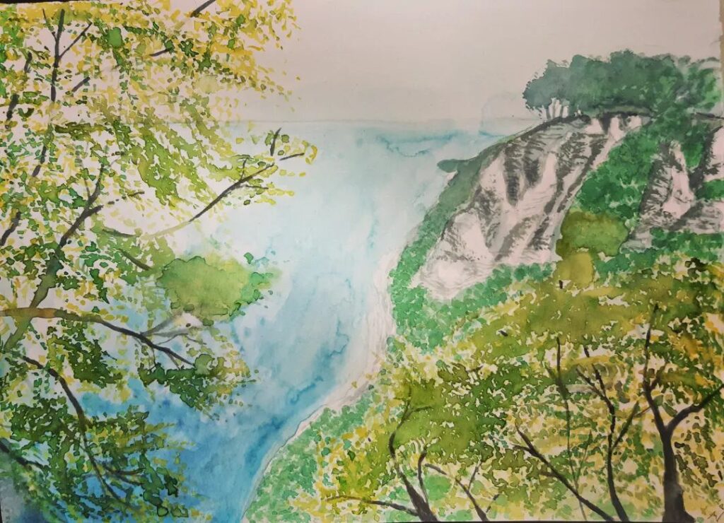 Aquarellbild: 1. Version vom Blick vom Königsstuhl aus übers Meer, Aquarellbild