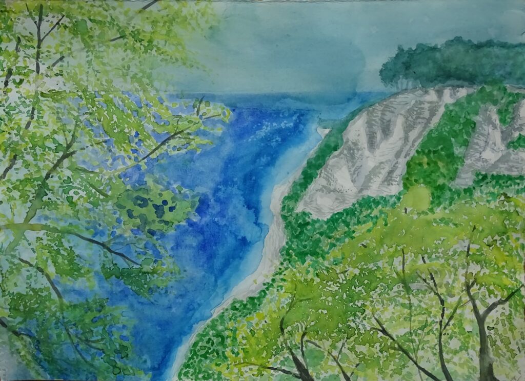 Aquarellbild: 2. Version vom Blick vom Königsstuhl aus über die Insel