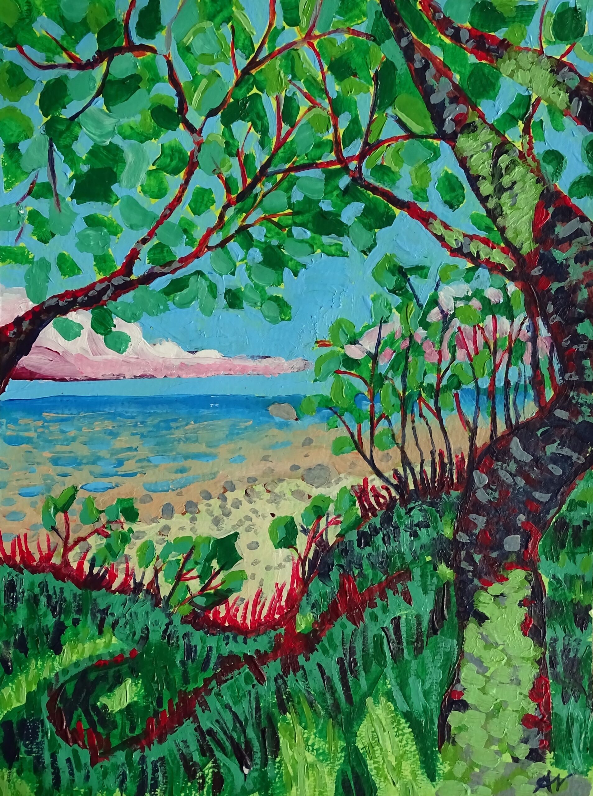 Landschaft in Acryl: die Küste von Rügen, im Vordergrund ein schattiger Platz unter Bäumen, im Hintergrund Strand und Meer