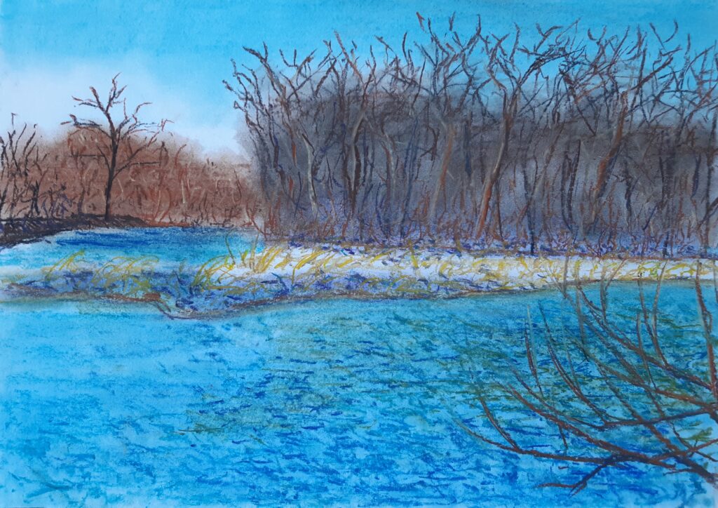 Pastellbild einer winterlichen Landschaft mit zwei sich vereinenden Flussarmen der Ybbs bei Amstetten
