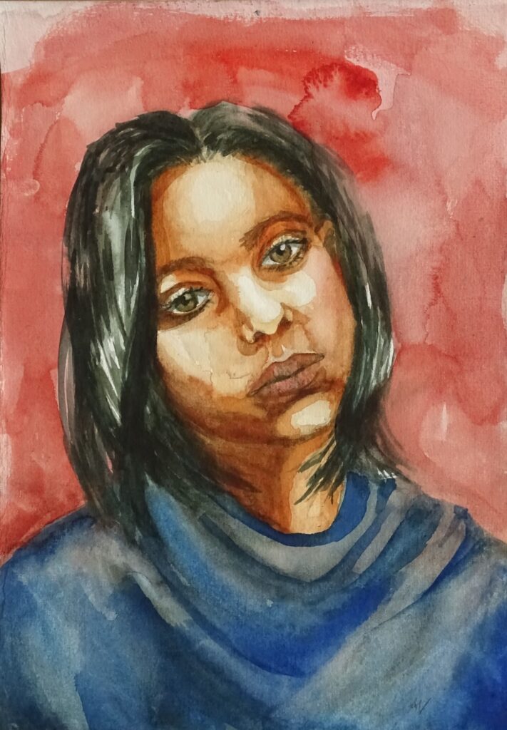 Aquarellbild einer Woman of Colour im Dreiviertelprofil, ihr Blick wirkt abwesend