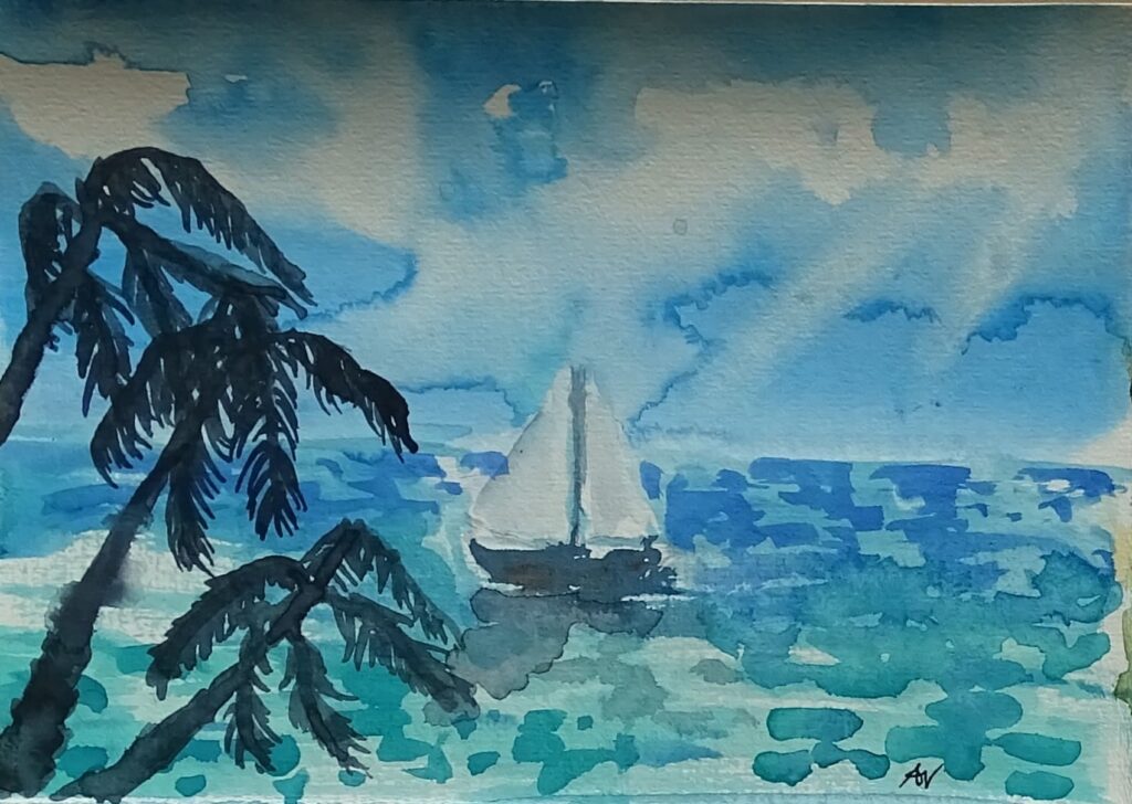 Aquarellskizze der Karibik mit einem Segelboot und Palmen