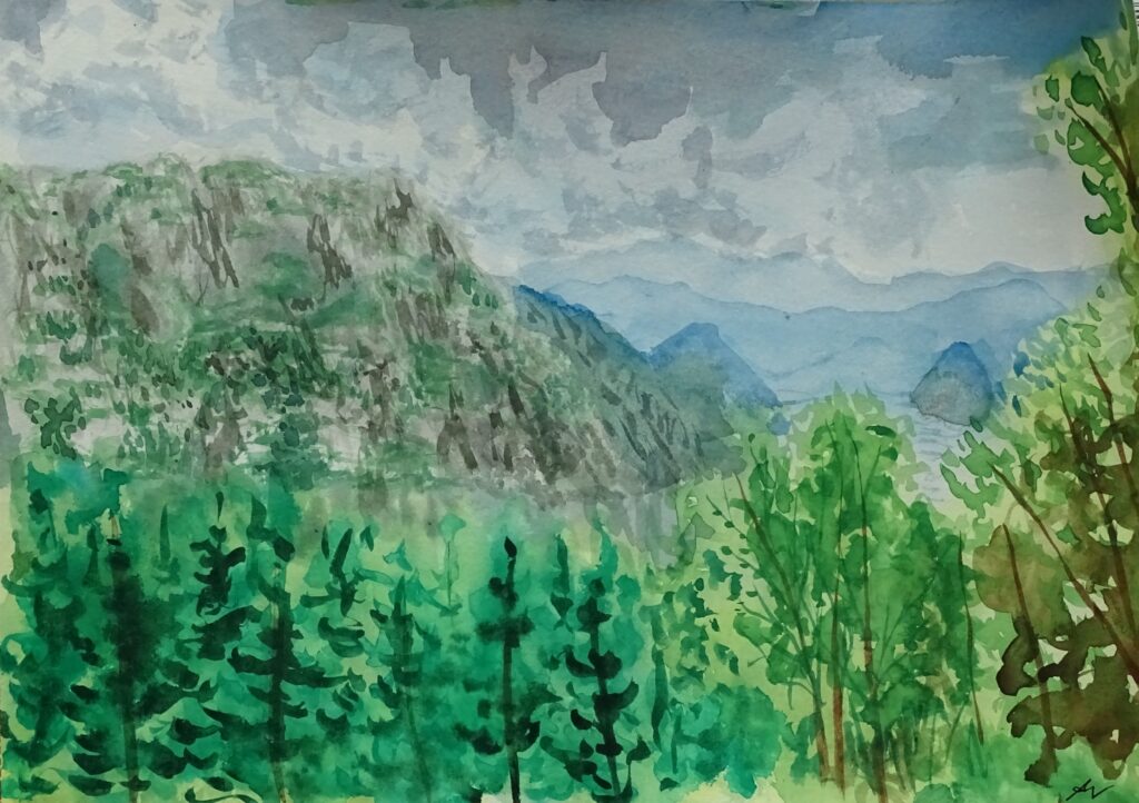 Aquarellskizze einer Perspektive über den Traunsee vom Baumwipfelweg aus