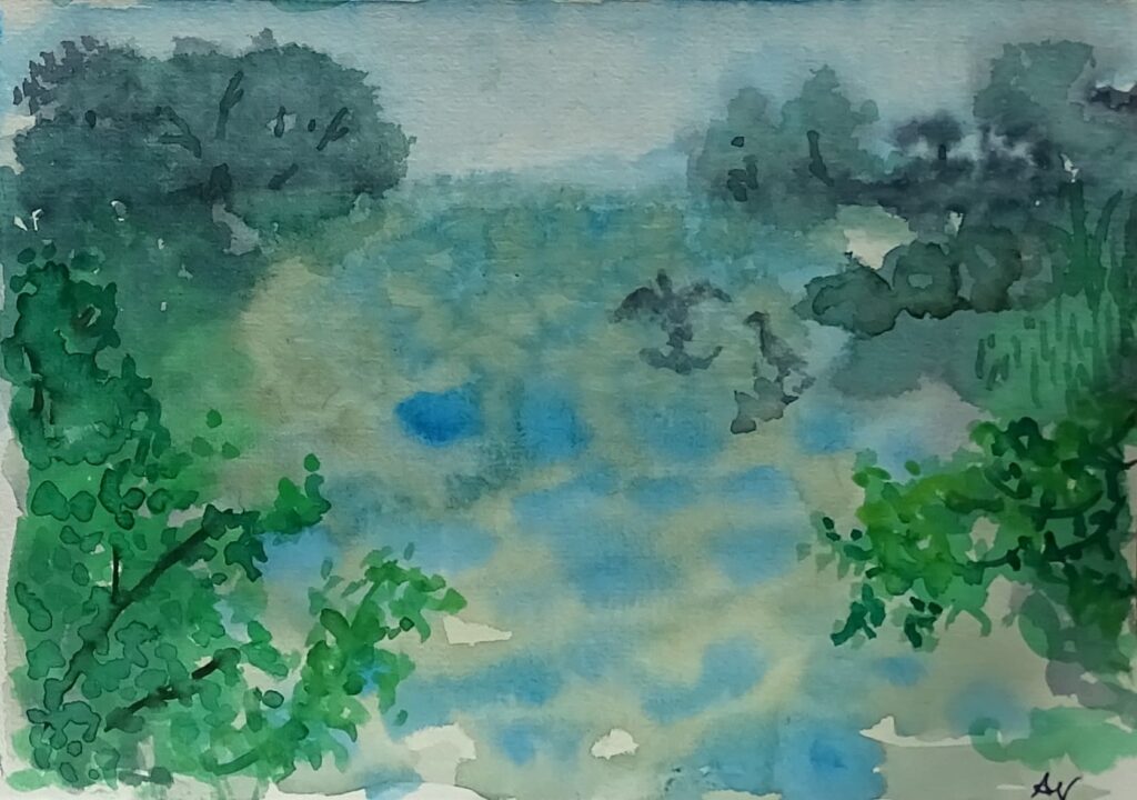 Aquarellskizze der Donauauen (nebelige Flusslandschaft)