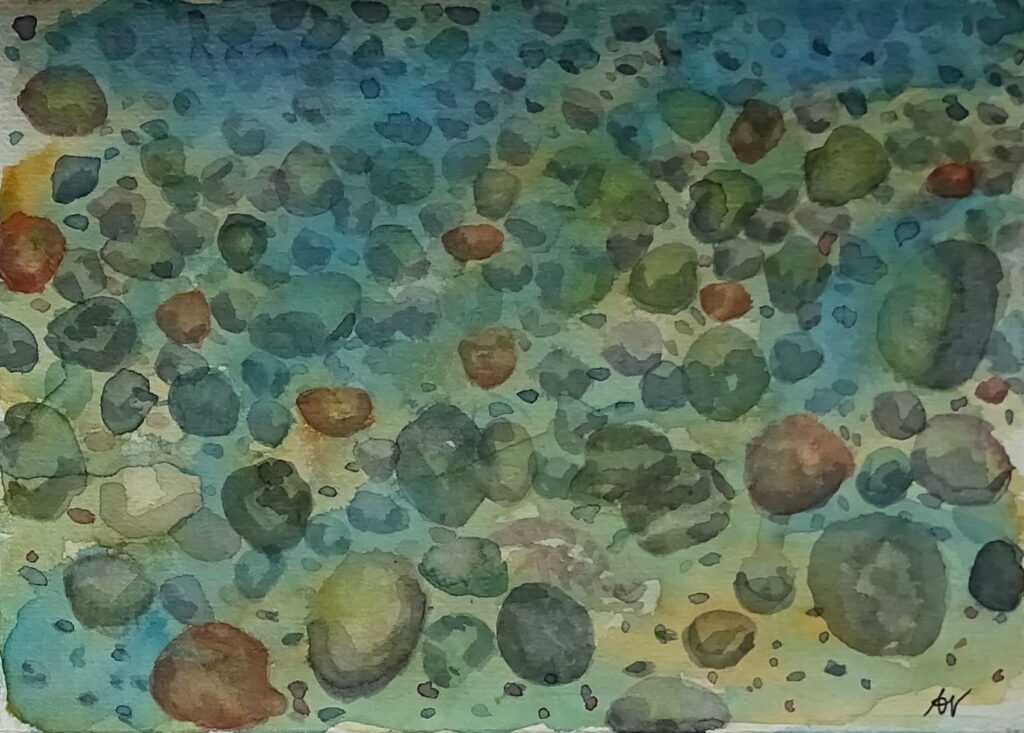 Aquarellskizze des Grundes eines Gewässers (Steine durch einen Schleier von Wasser)