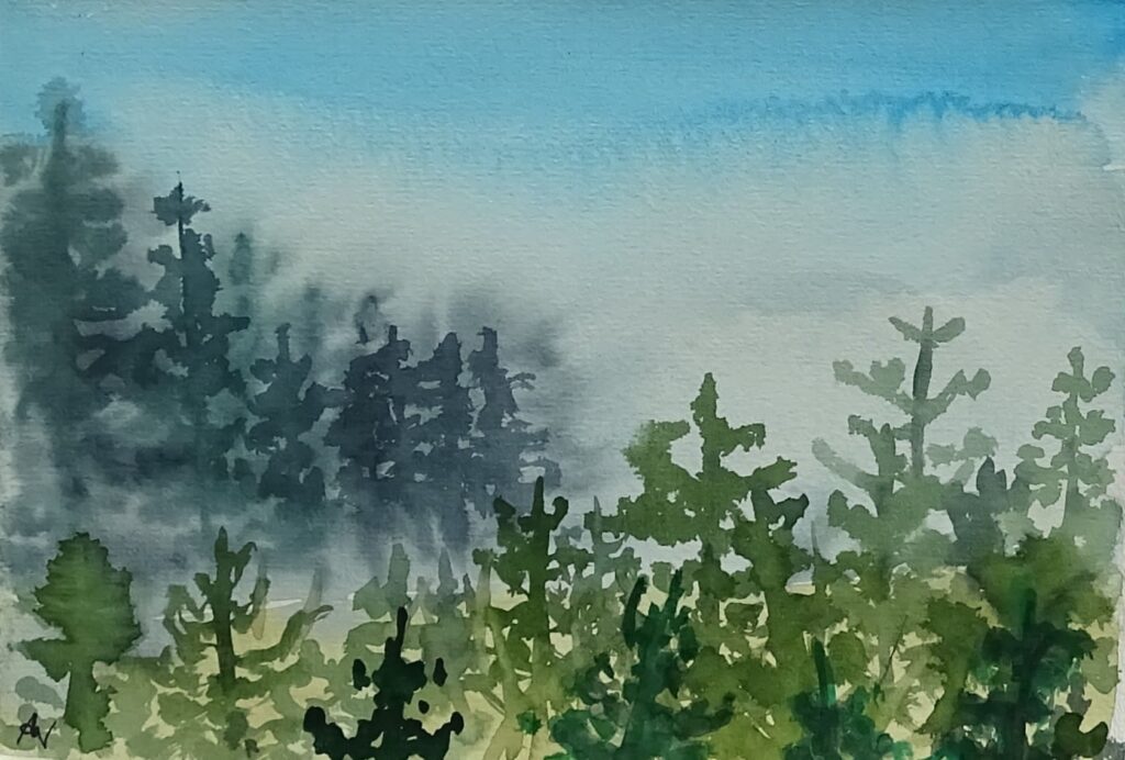 Aquarellskizze, Blick vom Schnabelberg über Baumwipfel, die im Nebel verschwinden