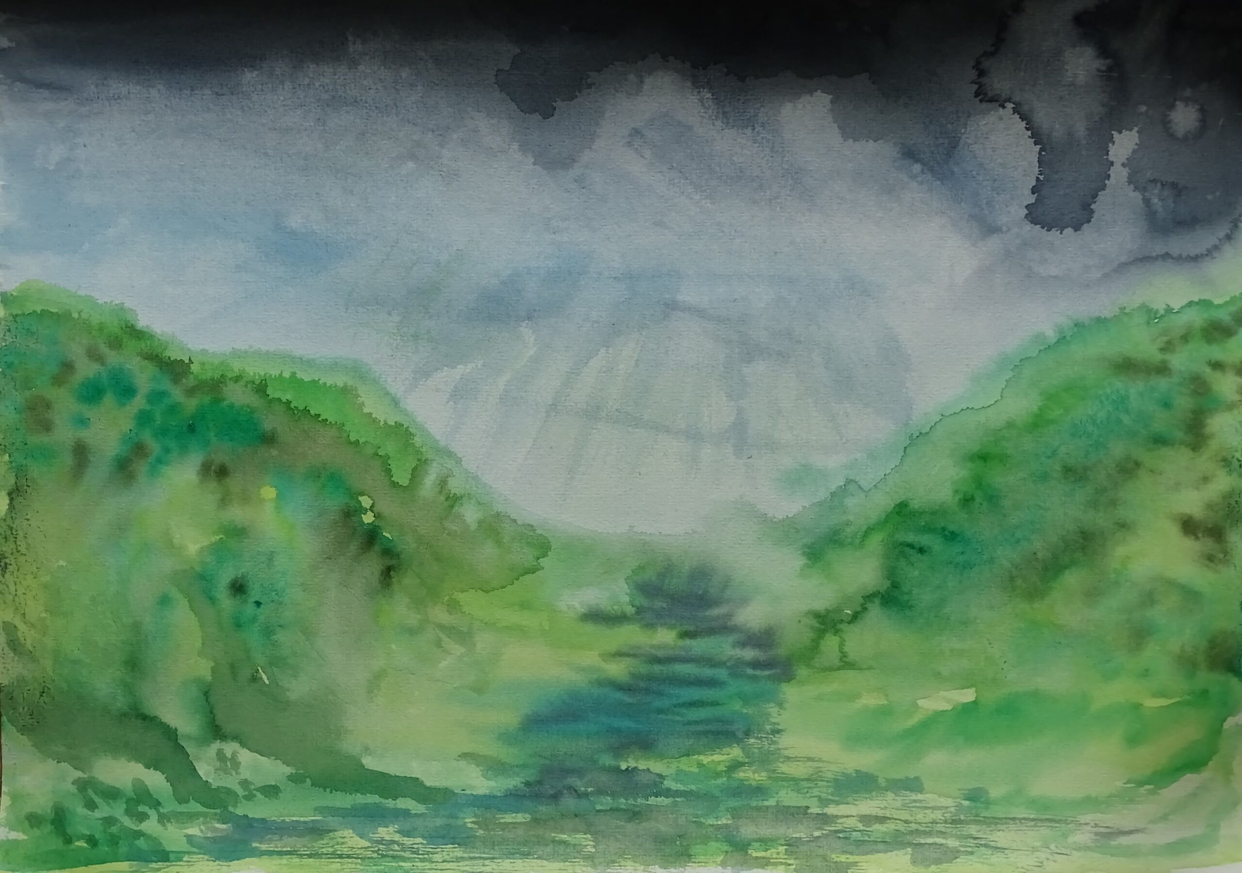 verwaschene Aquarellskizze der schottischen Highlands