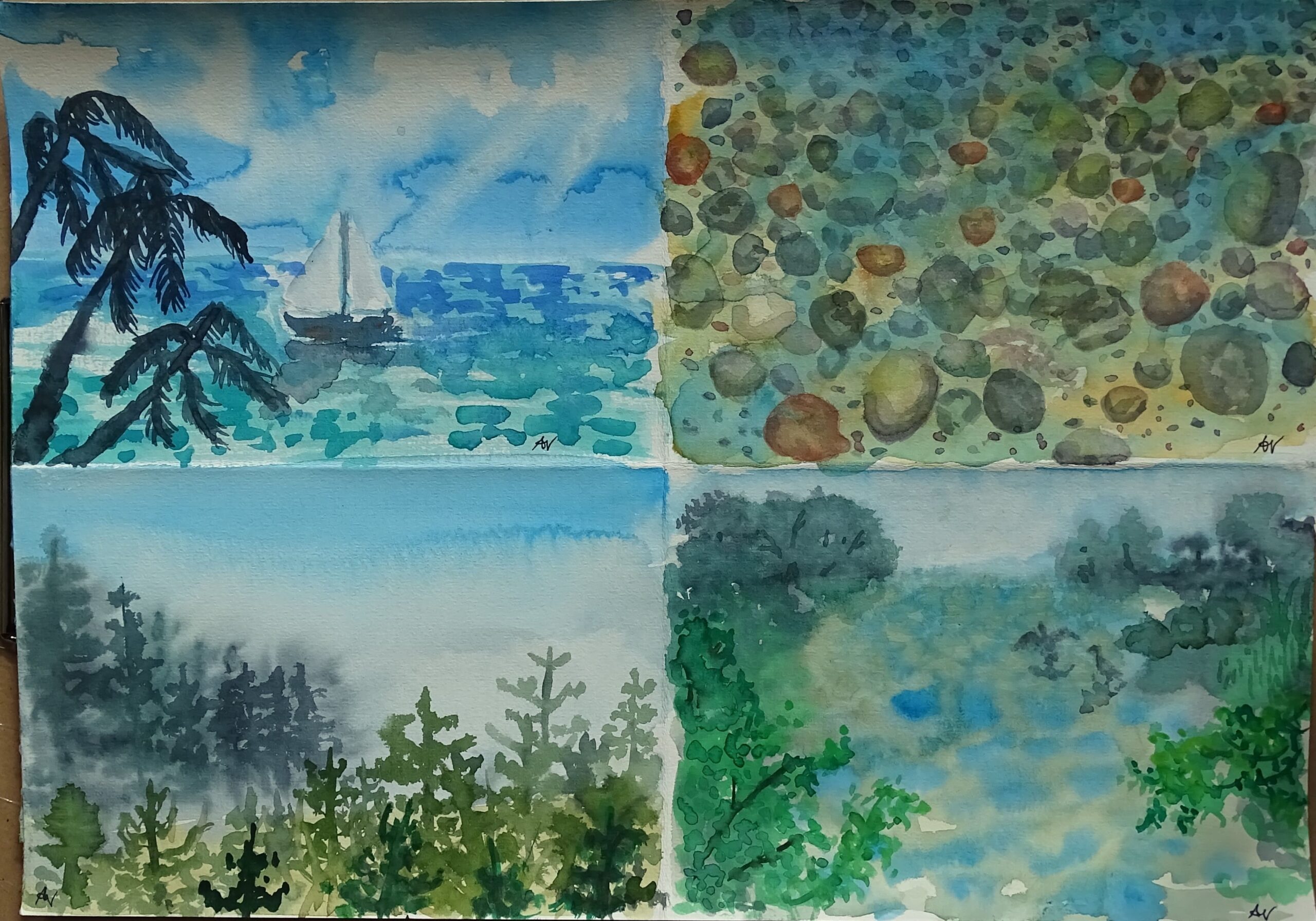 Aus dem Repertoire: Aquarellskizzen im Postkartenformat: Karibik, Der Grund eines Gewässers, Blick vom Schnabelberg, Donauauen, jeweils 105 x 148 mm