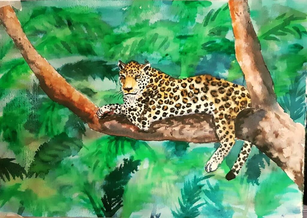 Aquarellbild eines Jaguars auf einem Ast ruhend im Dschungel