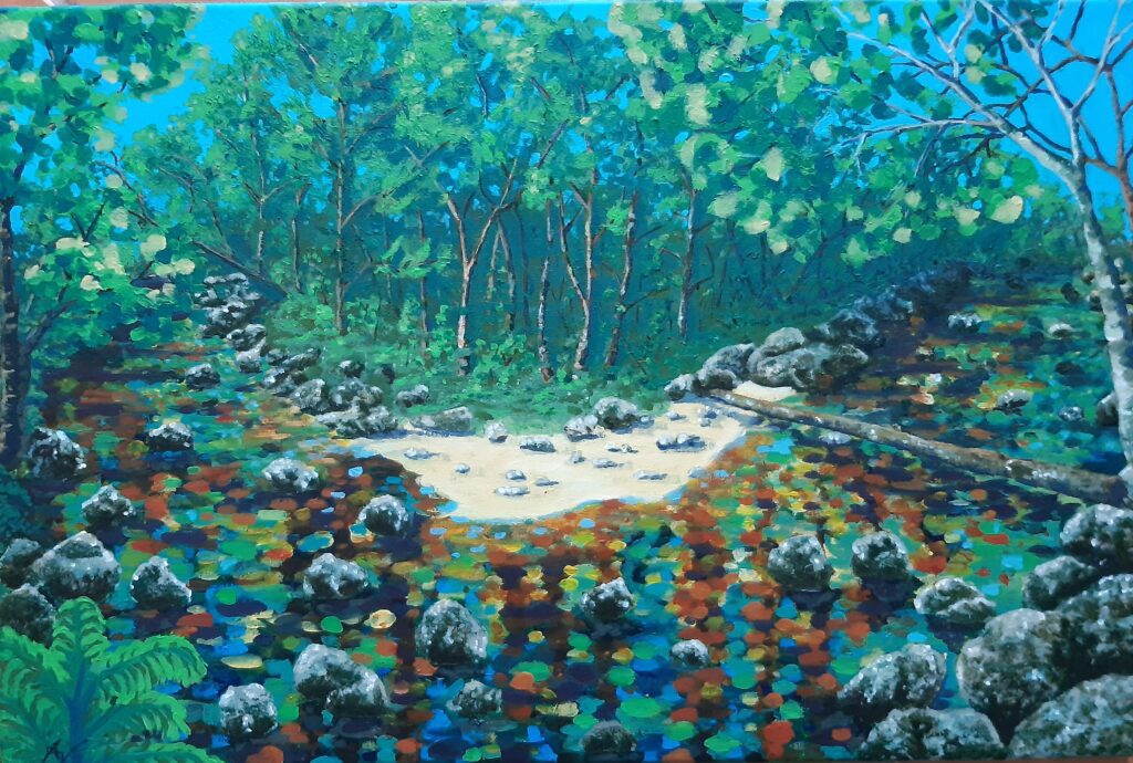 Acrylbild einer bewaldeten Schlucht mit einem Bach und großen Felsen darin