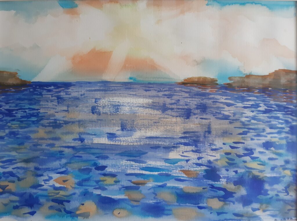 Aquarellskizze eines Sonnenaufgangs über dem Meer