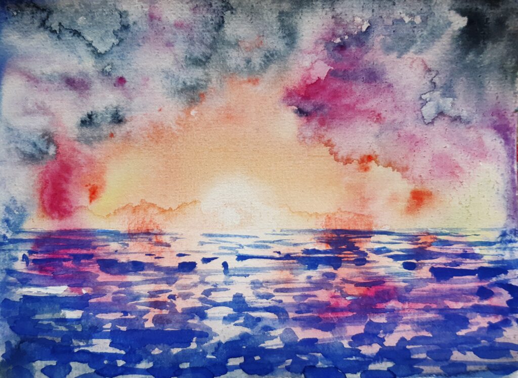 Aquarellskizze Morgengrauen über der See