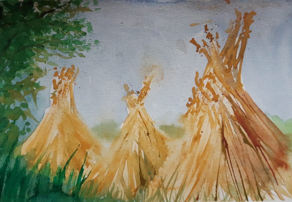 Aquarellskizze Postkarte: Strohhaufen im Burgenland