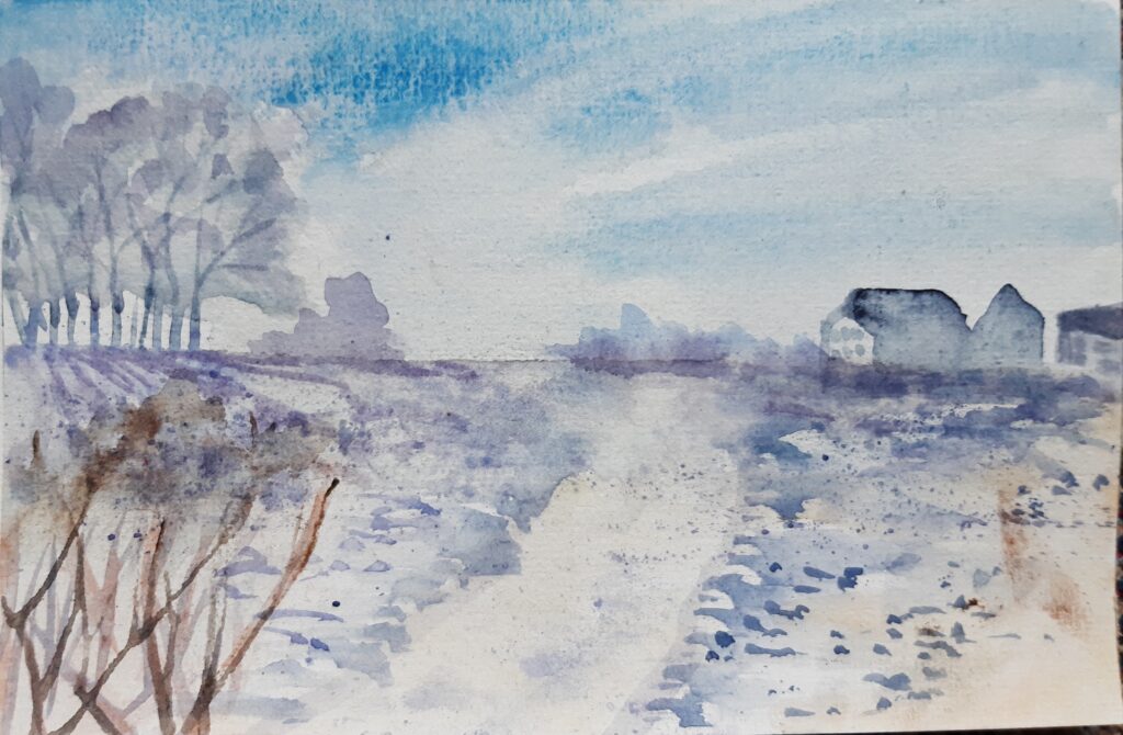 Aquarellskizze (Postkarte) einer verschneite Winterlandschaft mit kahlen Bäumen und Häusern in der Ferne