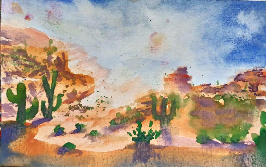 Aquarellskizze einer Wüste mit Kakteen (Postkarte)