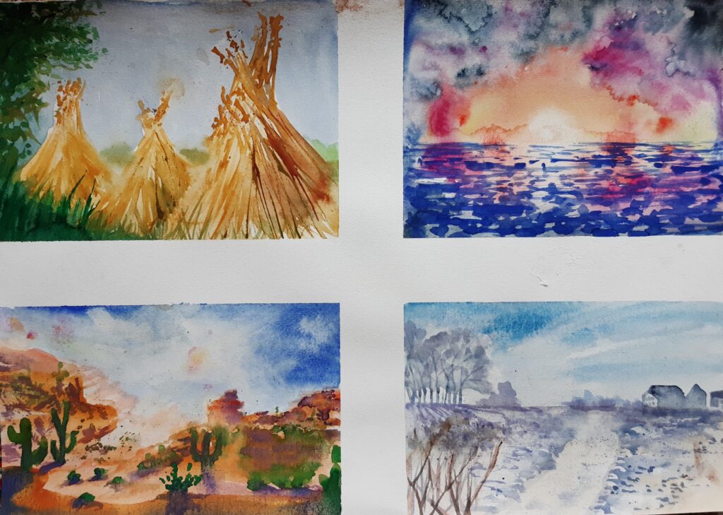 Aquarelle im Postkartenformat: Strohhaufen, Morgengrauen über dem Meer, Kakteen in der Wüste, Winterlandschaft