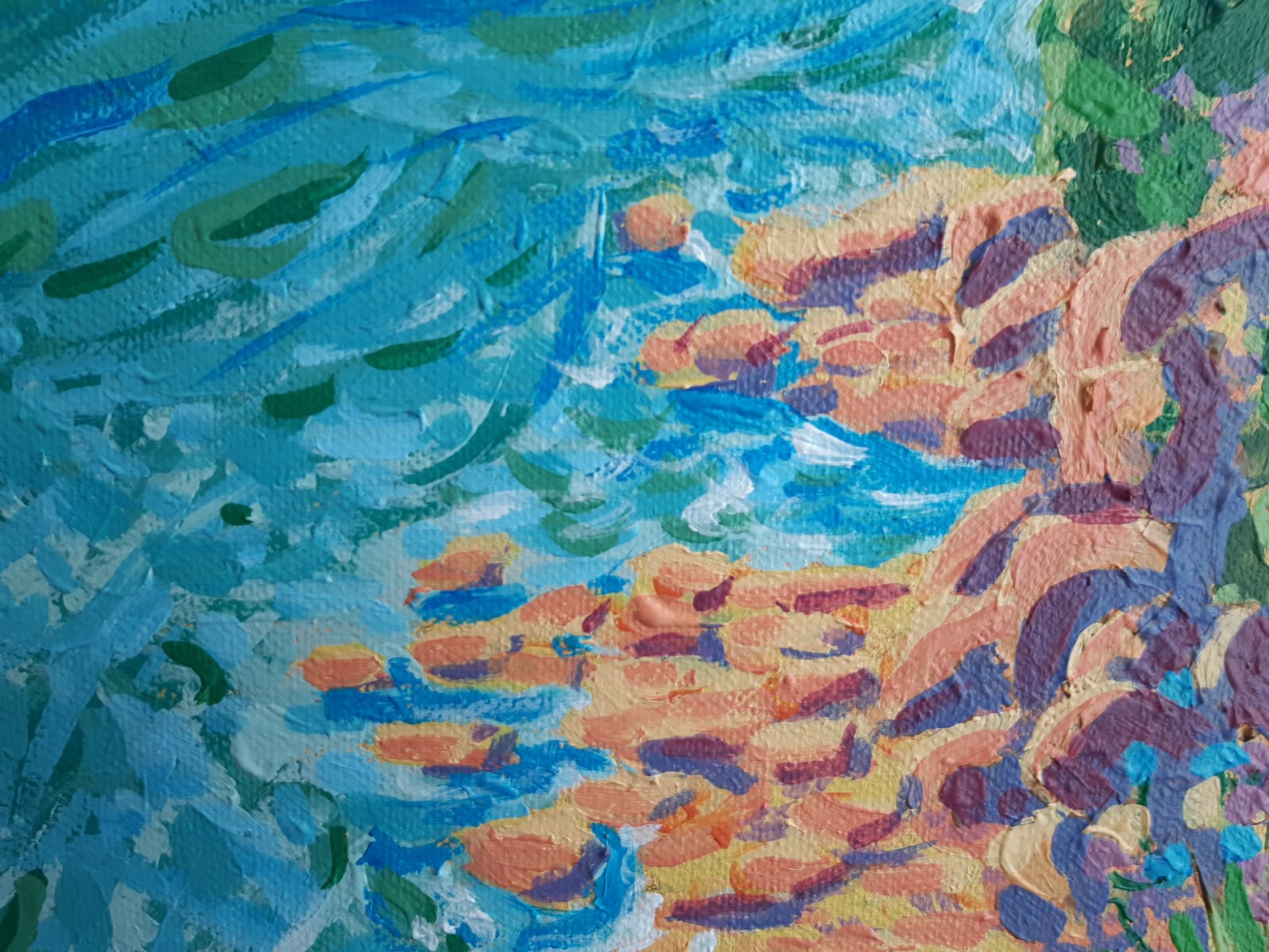Detail des Acrylbildes "Kroatische Küste", Brandung im Mittelgrund