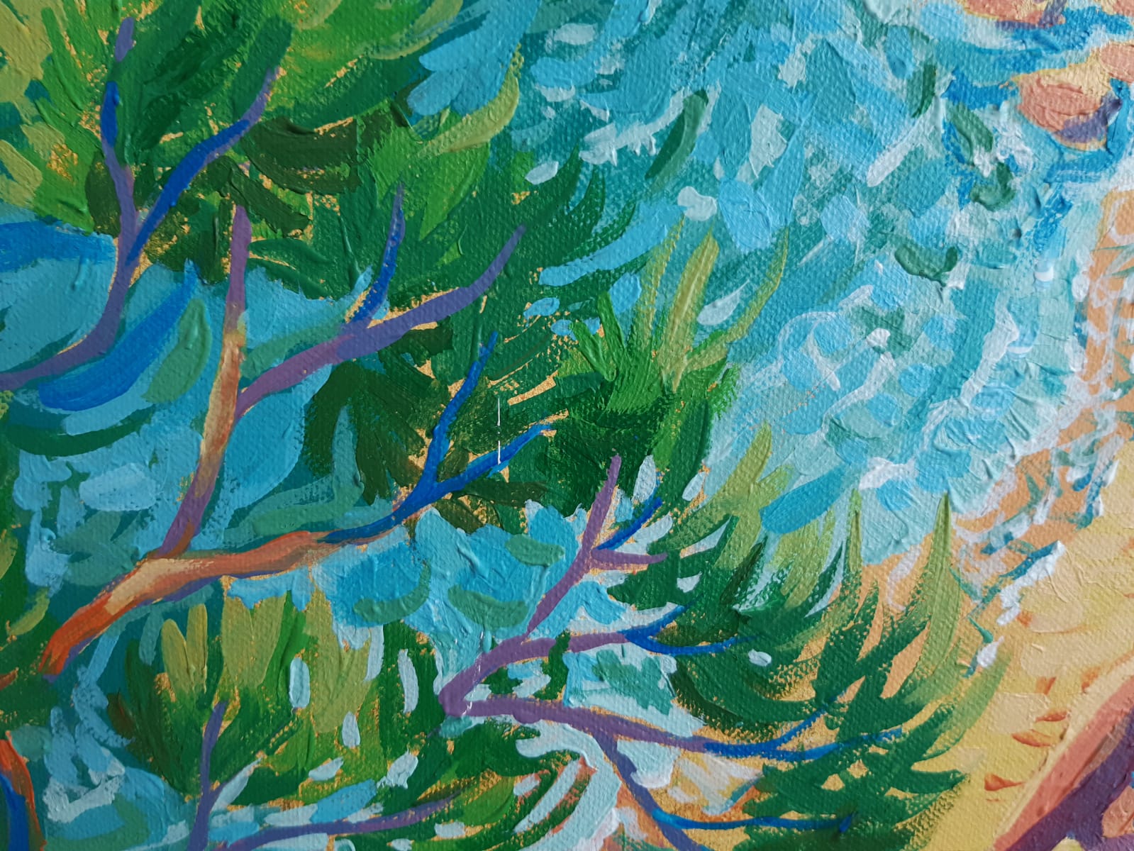 Detail des Acrylbildes "Kroatische Küste", Äste des Baumes im Vordergrund