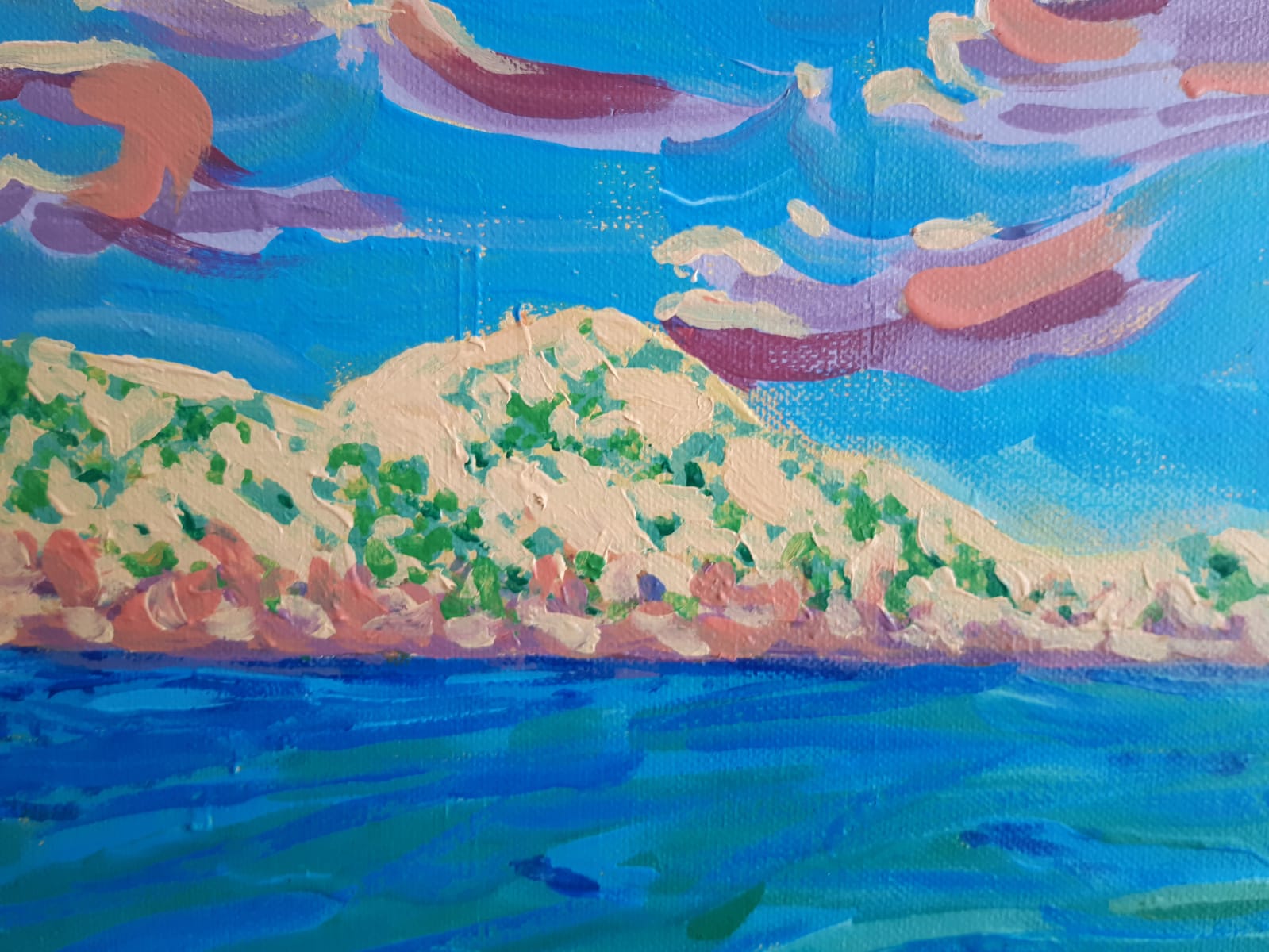 Detail des Acrylbildes" Kroatische Küste", Hügel auf der anderen Seite der Bucht im Hintergrund