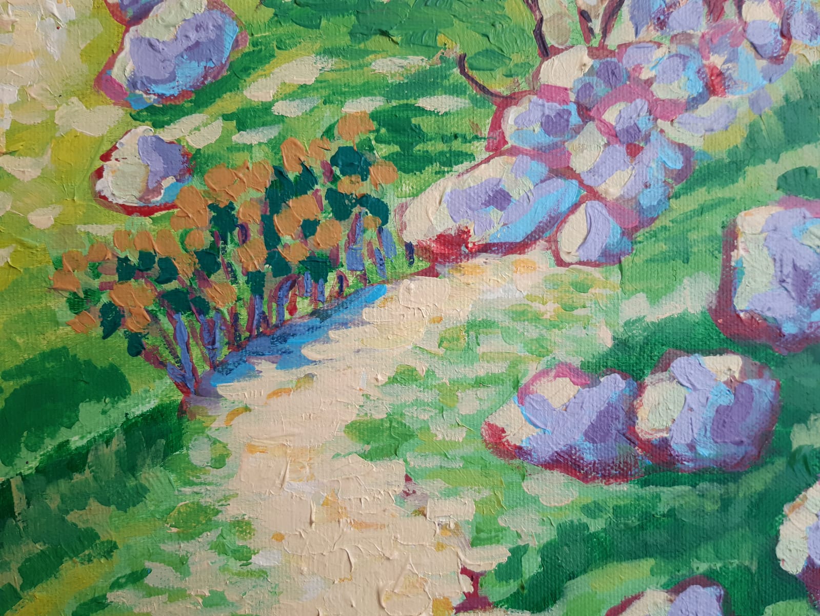 Detail des Acrylbildes "Ötschergräben", Wanderweg im Mittelgrund