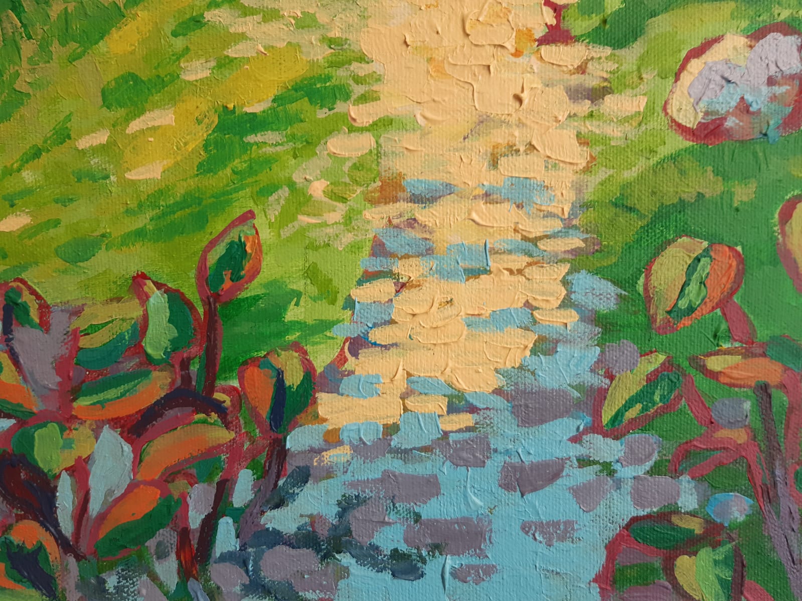 Detail des Acrylbildes "Ötschergräben", Pestwurzblätter im Vordergrund