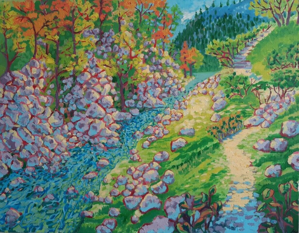 Acrylgemälde "Ötschergräben": eine Gebirgslandschaft, links ein Bach, rechts ein Wanderweg, im Hintergrund Berghänge und ein Stausee