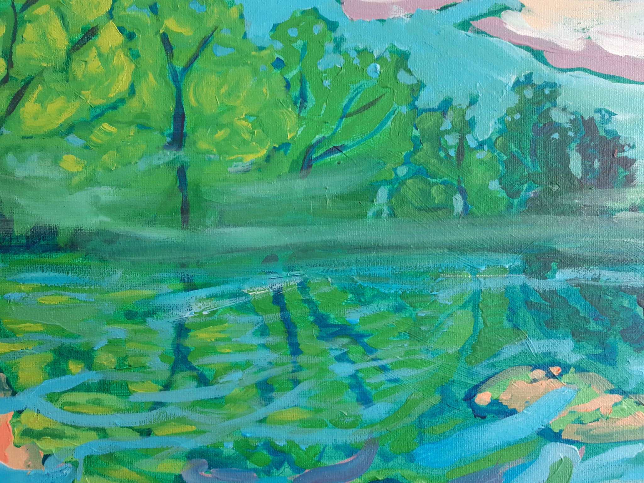 Detail des Acrylbildes "Die Ybbs im Nebel", Bäume und deren Spiegelung im Wasser